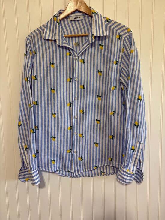 idillio POSITANO Tops - Idillio Positano 100% Linen Blue and White Striped Button-Down Shirt with Lemons